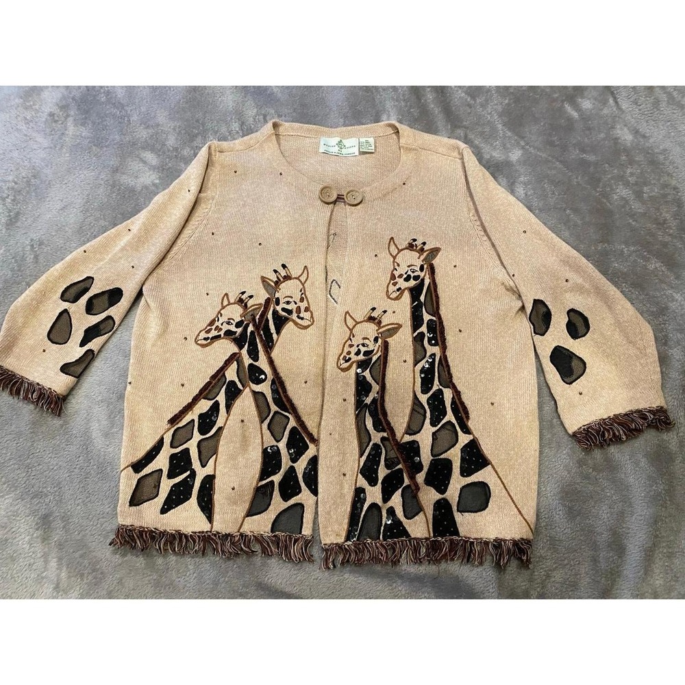 Design Ptions Cardigan Philip & Jane Gordon XXL Giraffe Sweater Bead Fringe s62